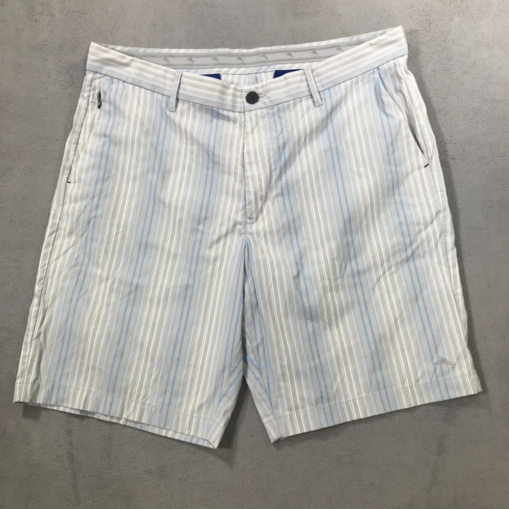 Tommy Bahama Shorts Men's 38 Blue Striped Chino Stretch Performance Nylon Preppy